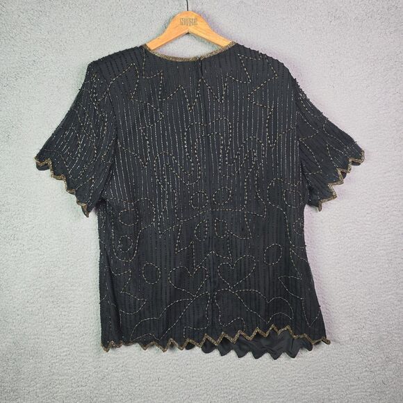 Stenay 3X silk beaded top metallic scalloped black holiday party bling festival - Picture 16 of 16